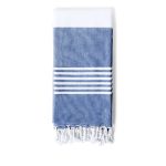 A blue and white striped towel with fringed edges, featuring a solid white top section and blue bottom.