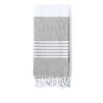 A grey towel pareo with white stripes and fringed edges, featuring a white top section and a logo.