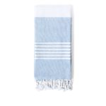 A light blue towel pareo with white stripes and fringed edges. It features a logo.