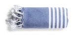 A folded blue towel pareo with white stripes and tassels at one end, featuring a logo.
