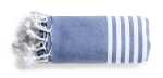 A blue and white striped towel pareo with tasselled edges, featuring a branding logo.