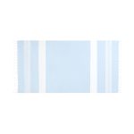 A light blue towel pareo with white stripes and fringed edges, featuring a logo.