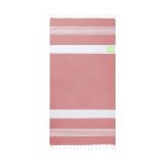 A pink and white towel pareo featuring a striped design and decorative fringes, with a logo in one corner.