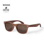A pair of brown sunglasses made from coffee fibre, featuring wooden arms and a logo on the side.