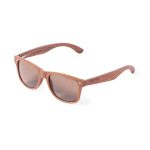 A pair of brown sunglasses with wooden-style frames. The sunglasses feature a logo on the side.