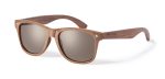 Wooden-framed sunglasses with grey lenses, featuring a logo on the arm, suitable for leisure and outdoor activities.