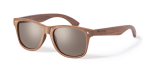Wooden sunglasses with brown lenses, featuring a logo on one arm. Ideal for leisure and outdoor activities.