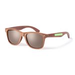 A pair of wooden-style sunglasses with brown frames and brown lenses, featuring a logo on the side.