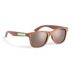 Wooden-framed sunglasses with brown lenses and a green accent. The design is stylish for leisure and outdoor activities.