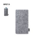 A grey felt pouch designed for sunglasses, featuring a logo and a sleek, minimalist style.