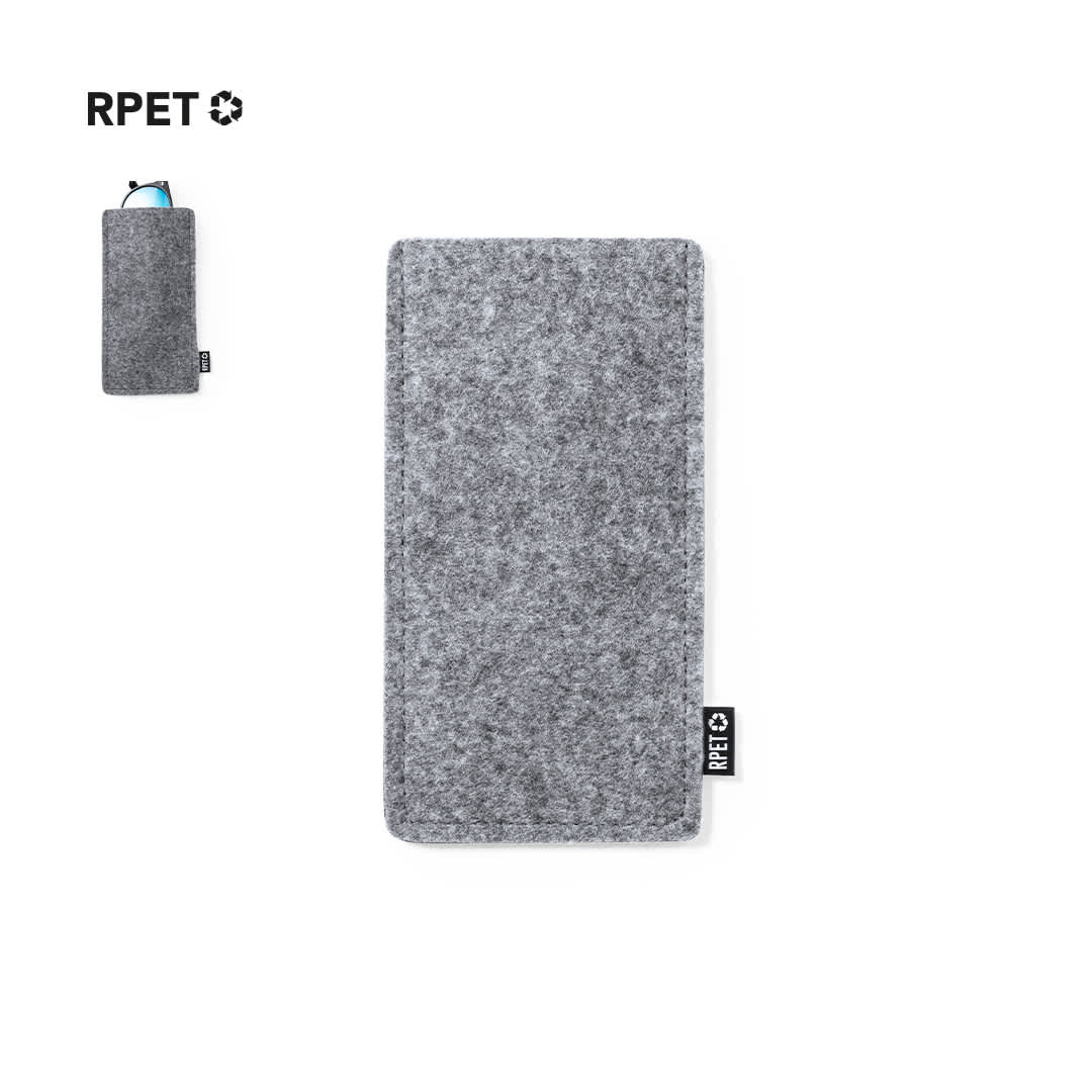 A grey felt pouch designed for sunglasses, featuring a logo and a sleek, minimalist style. A grey felt pouch designed for sunglasses, featuring a logo and a sleek, minimalist style.