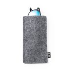 A grey felt pouch with a pair of black sunglasses peeking out, featuring a logo on the side.