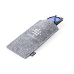 A grey pouch holds a pair of sunglasses, featuring a logo on the front.