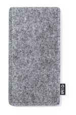 A grey felt pouch with a logo, designed for storing sunglasses and accessories.