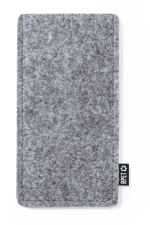 A grey felt pouch with a logo, designed for storing sunglasses and accessories.