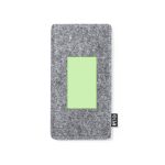 A grey pouch made from felt, featuring a green rectangular window, with a logo on the side.