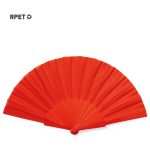 A red hand fan made from RPET material, featuring a semi-circular design and a central handle.