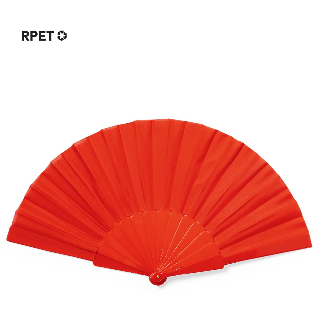 A red hand fan made from RPET material, featuring a semi-circular design and a central handle. A red hand fan made from RPET material, featuring a semi-circular design and a central handle.