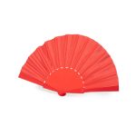 A red hand fan with a ribbed design and a circular handle, featuring a branding logo.