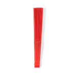 A red hand fan with a pleated design, featuring a small logo or branding element.