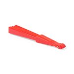 A red Pumik hand fan with a sleek design, featuring a simple logo on the handle.