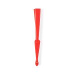 A red hand fan with a narrow design and a looped end for easy holding. It features a logo on one side.