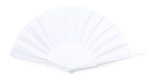 A white hand fan with a pleated design and a circular handle, featuring a logo on the handle.