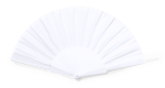 A white hand fan with a pleated design and a handle, suitable for events and exhibitions.