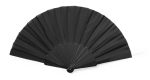A black hand fan with a foldable design and a decorative handle, featuring a logo.