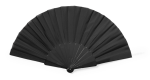 A black hand fan with pleated design, featuring a circular handle and a logo. Ideal for events and exhibitions.