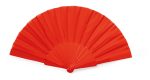 A red hand fan with a pleated design and a rounded handle, featuring a logo on the handle.