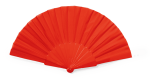 A red hand fan with a pleated design, featuring a white handle and a small logo.