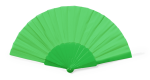 A green hand fan made of plastic with an open, pleated design and a circular handle. It features a logo.