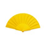A yellow hand fan with a ribbed design and a circular base, featuring a branding logo.