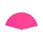 A pink hand fan with multiple pleats and a round base. It features a logo.