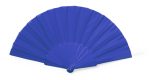 A blue hand fan with a rounded handle, featuring pleated fabric sections. It includes a logo on the handle.