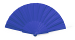 A blue hand fan with a round handle, featuring pleated fabric and a fitted design.