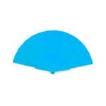 A blue hand fan featuring multiple folds and a circular base, with a logo branding on the handle.