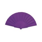 A purple hand fan with a rounded base and pleated design, featuring a logo on the handle.