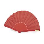 A red hand fan with a curved shape and pleated design, featuring a simple handle and a branding logo.