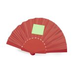 A red hand fan with a pleated design and a blank rectangular area for customisation. It features a logo.