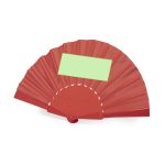 A red hand fan with a folded design and a blank area for personalisation. It features a simple fan structure.