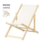 A cream canvas chair with a wooden frame, featuring a simple folding design. It has a logo on the side.
