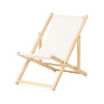 A white deck chair with a light wooden frame, featuring a simple, folding design. It has a minimalist style.