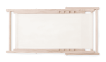 A beige canvas chair with a wooden frame, featuring a straight design and minimalistic style, has a logo on the side.