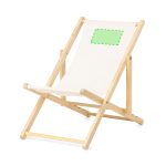 A lightweight, cream-coloured leisure chair with a wooden frame and a branding area on the backrest.