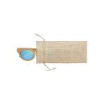 Wooden sunglasses with blue lenses partially visible from a natural linen pouch. The pouch is tied with a string.