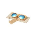 A pair of bamboo sunglasses with blue reflective lenses, displayed on a textured pouch and featuring a tag.