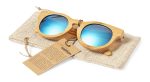 Bamboo sunglasses with blue lenses, presented on a textured pouch with a tag. Features a logo on the sunglasses.