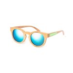 A pair of sunglasses with bamboo frames and reflective blue lenses, featuring a green accent on the side.